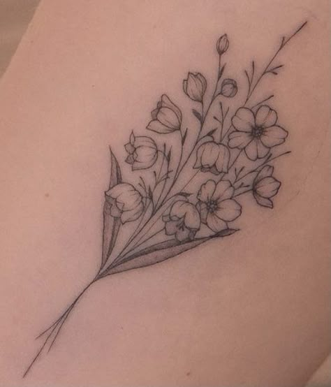 May Birth Flowers Tattoo, Lily Of The Valley And Gladiolus Tattoo, Lily Of The Valley And Larkspur Tattoo, Birth Flower Bouquet Tattoo Ankle, Cosmos And Lily Of The Valley Tattoo, Lily Of The Valley And Cosmos Tattoo, Poppy And Lily Tattoo, Lily Of The Valley And Narcissus Tattoo, Violet And Lily Of The Valley Tattoo