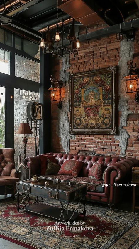 Post Apocalyptic Interior Design, Vintage Warehouse Interior Design, Film Office Work Spaces, Punk Apartment, Steampunk Room Ideas, Steampunk Living Room, Industrial Boho Decor, Steampunk Rooms, Loft Aesthetic