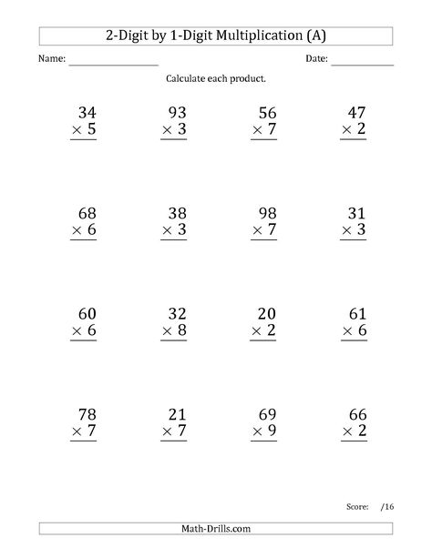 The Multiplying 2-Digit by 1-Digit Numbers (Large Print) (A) math worksheet from the Long Multiplication Worksheet page at Math-Drills.com. 4th Grade Multiplication Worksheets, Zentangle Patterns For Beginners, Long Multiplication, Free Multiplication Worksheets, Easy Math Worksheets, Printable Multiplication Worksheets, Multiplication Facts Worksheets, Math Multiplication Worksheets, Multiplication Worksheet