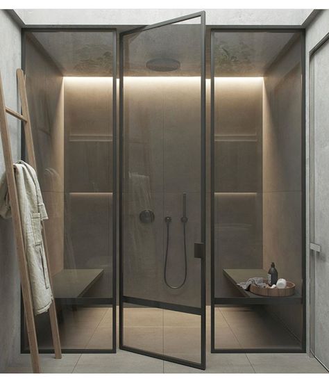 Cool shower lighting. Tinted glass doors? Bathroom Glass Wall, Shower Lighting, Art Deco Bathroom, Deco Bathroom, Tinted Glass, Apartment Bathroom, Bathroom Design Luxury, Modern Shower, Glass Bathroom