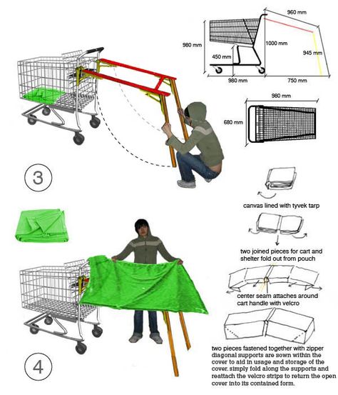 shopping cart shelter | designboom.com Portable Homeless Shelter Ideas, Homeless Architecture, Homeless Shelter Ideas, Micro Camper Trailers, Homeless Shelter Design, Zombie Survival Vehicle, Nomadic Furniture, Homeless Housing, Portable Shelter