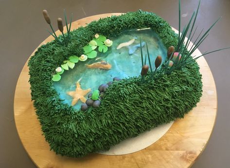 Koi Pond Cake, Pond Cupcakes, Aquarium Cake, Pond Party, Fishing Cakes, Swimming Cake, Pond Cake, Fishing Cake, Dad Birthday Cakes