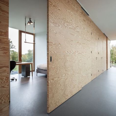 Plywood Interior, Sliding Wall, Plywood Walls, Sliding Doors Interior, Interior Door, Sliding Door, Wooden Doors, 인테리어 디자인, Interior Details