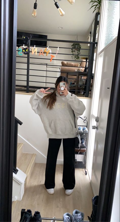 Trousers Hoodie Outfit, Essentials Sweatshirt Outfit, Essentials Hoodie Outfit Grey, Oversized Gray Sweatshirt Outfit, Oversized Gray Hoodie Outfit, Black Hoddies Outfits Aesthetic, Knit Essentials Hoodie Outfit, Grey Oversized Hoodie Outfit, Oversized Black Hoodie Outfit