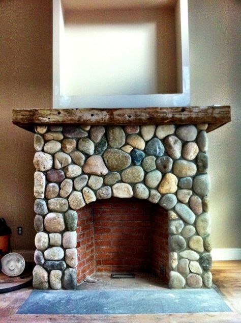 River Stone Veneer Fireplace Stone Fireplace Remodel, River Rock Fireplace, Rock Veneer, Veneer Fireplace, Gabion Stone, Stone Veneer Fireplace, River Rock Stone, River Rock Fireplaces, Rock Fireplace