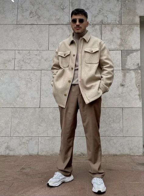 Tan Monochrome Outfit Men, Beige Outfit Men Street Styles, Cream Aesthetic Outfit Men, Cream Outfits For Men, Semi Formal Aesthetic Outfits Men, Formal Beige Outfit, Beige Outfit Aesthetic Men, Men Cream Outfit, Cream Outfits Men