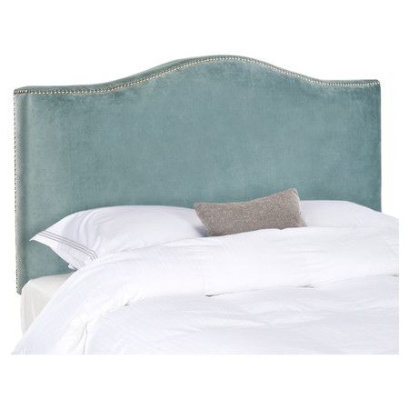 Upholstered headboard with a camelback silhouette and nailhead trim.  Product: Queen headboardConstruction Material:... Headboard Redo, Colonial Modern, Relaxing Room, Interior Design Pieces, Airbnb Tips, Blue Headboard, Upholstered Headboard King, Beautiful Bedroom Ideas, Luxury Living Rooms