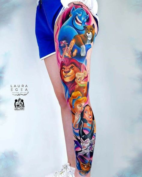 Disney Leg Sleeve, Leg Sleeve Ideas, Disney Thigh Tattoo, Disney Inspired Tattoos, Disney Sleeve Tattoos, Disney Sleeve, Full Leg Tattoos, Disney Princess Tattoo, Christian Sleeve Tattoo