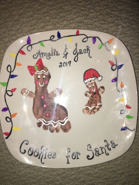 Footprint Gingerbread man  Cookies for Santa plate Cookies For Santa Plate Diy, Santas Cookie Plate Diy, Diy Christmas Plate, Baby Christmas Crafts, Baby Art Crafts, Christmas Art For Kids, Cookies For Santa Plate, Baby Art Projects, Santa Plate