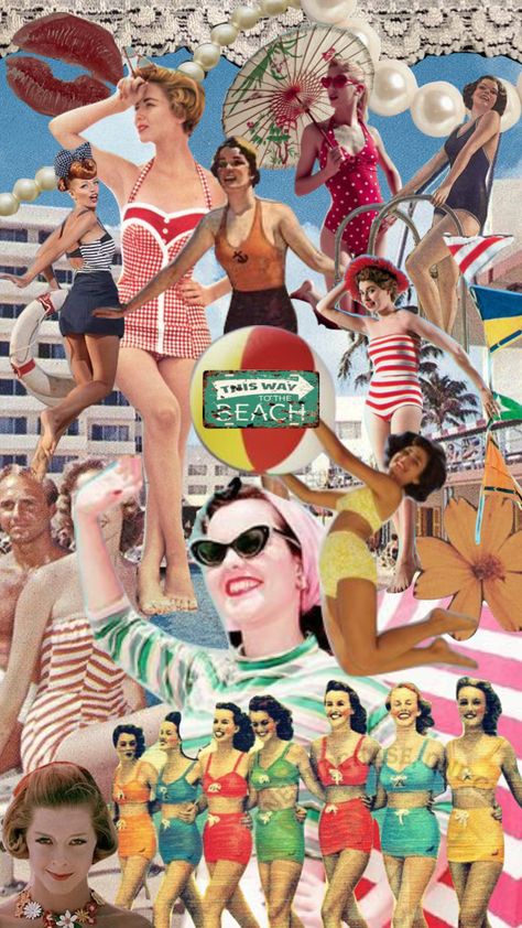 vintage beach ♥️ #vintage #beach #50s #moodboard #aesthetic #collage Retro Resort Aesthetic, 50s Beach Party, Beach 70s Aesthetic, 60s Beach Party, 1950s Beach Aesthetic, 50s Beach Aesthetic, 50s Moodboard, Vintage Beach Outfit, 80s Beach Aesthetic