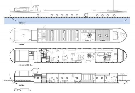 Transformation of a Barge into a Home by BBVH Architects Rotterdam | HomeDSGN A2 Sketchbook, Amsterdam Houseboat, Barge Interior, Barge Boat, Canal Barge, Boat Luxury, Boat Living, Houseboat Living, Mobile House