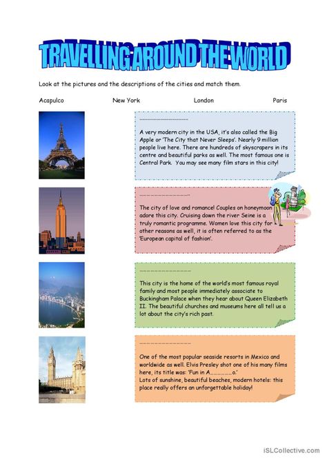 Travelling Around The World, Travel English, Vocabulary Exercises, Esl Vocabulary, Cities Around The World, Travel Globe, English Teaching, Picture Description, Travel Writing