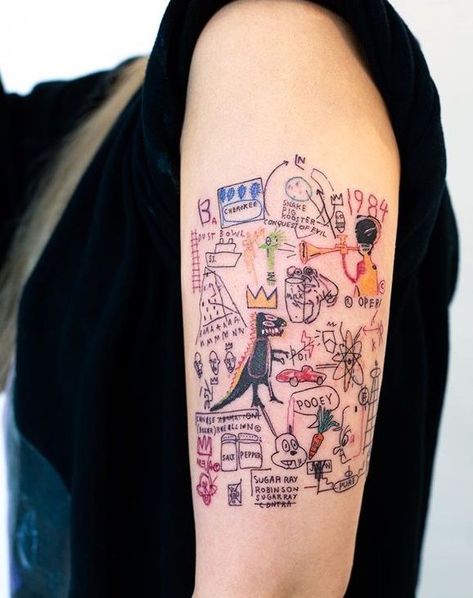 Basquiat Style Tattoo, Neo Expressionism Tattoo, Colored Shoulder Tattoo, 35mm Tattoo, Hongdam Tattoo, Basquiat Tattoo, Cool Shoulder Tattoos, Mens Shoulder Tattoo, Tattoos Geometric