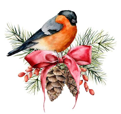 Holiday Birds, Christmas Card Art, Bullfinch, Holiday Wall Art, Watercolor Christmas Cards, Winter Bird, Christmas Bird, Red Cardinal, Watercolor Christmas