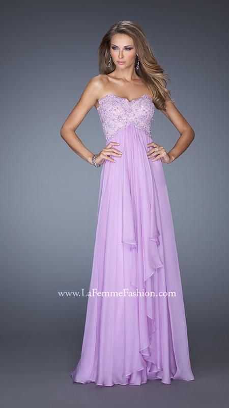 Charming empire waist chiffon dress with a tiered skirt. The bodice has a nude lining covered in jeweled lace. Ice Purple Dress Style 20066 | La Femme Great Gatsby Prom Dresses, Wedding Lilac, Prom Dresses 2015, Strapless Prom Dresses, Sweetheart Prom Dress, Prom Dress Styles, Chiffon Evening Dresses, Prom Designs, Designer Prom Dresses