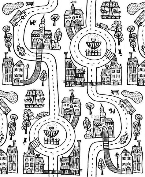 Small City Drawing, Map Art Ideas, Drawing Ideas City, Map Drawing Ideas, City Map Drawing, Town Drawing, Kindergarten Drawing, Heart Art Projects, Map Drawing