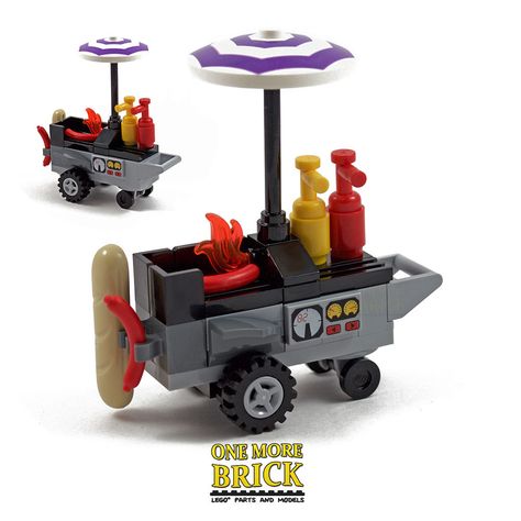 (Awesome LEGO Hot Dog stand with accessories - All New Pieces - Custom Model with Instructions. We always try and answer queries quickly and concisely :-). Stand includes ketchup/mustard bottles, flame grill, two hot dogs and large bread roll! | eBay! Lego Food, Felt Doll House, Food Vendor, Lego City Police, Dog Cart, Lego Furniture, Hot Dog Cart, Lego Display, Lego Diy