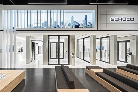 Schüco Showroom by D'art Design Gruppe Dart Design, Company Headquarters, Bath Showroom, Factory Interior, Showroom Decor, Modern Exterior Doors, Showroom Display, Exhibition Stall, Showroom Interior Design