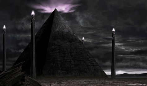 Na-Ubeg (“Halls of Manifestation”) A large oasis and the site of the Black Pyramid built by the undead Scions of Kyuss. After adventurer heroes had destroyed -or at least banished- the lich Kyuss, the pharaoh-queen at the time, Peth-akisi XXIX, ordered the Na-Ubeg pyramid sealed to restrict the robbing of lesser graves found in a number of shallow valleys extending from the borders of the Na-Ubeg oasis. Giza Plateau, Black Pyramid, Hollow Earth, Historia Universal, World Of Darkness, Fantasy Places, Nikola Tesla, Giza, Fantasy Landscape