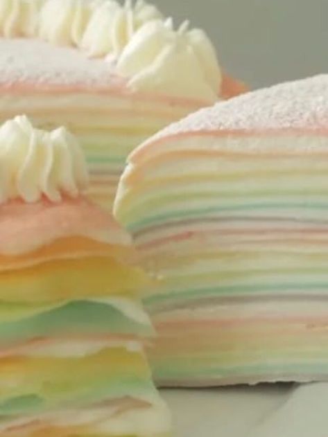 Pastel Rainbow Crepe Cake Recipe | Cooking Tree Rainbow Crepe Cake, Rainbow Crepe, Crepe Cake Recipe, Cooking Tree, Crepe Cake, Cake Flour, Pastel Rainbow, Cake Recipe, Vanilla Cake