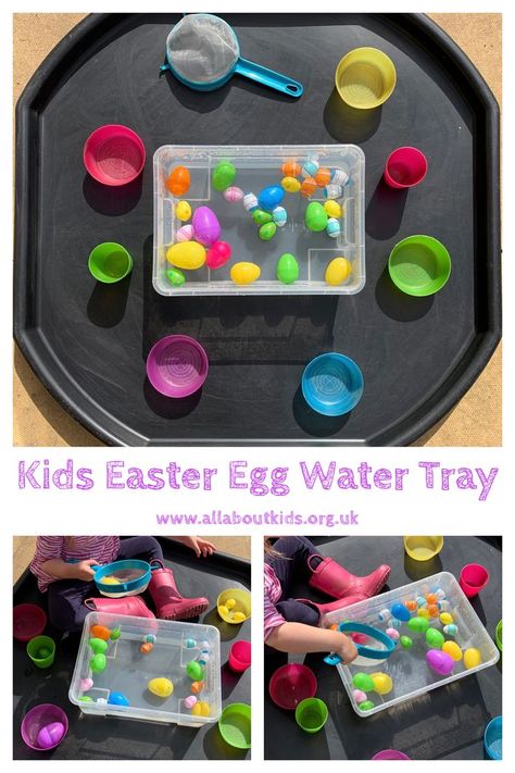 Let your little one explore Easter with this fun water tray. Let them have fun scooping, pouring and catching the Easter eggs. Kids Food Activities, Easter Handprint Crafts, Easter Science, Tuff Tray Ideas Toddlers, Easter Activities For Preschool, Messy Play Activities, Easter Crafts Preschool, Easter Eggs Kids, Eyfs Activities