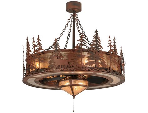 Meyda Tiffany Elk At Dusk with Fan Light 11-Light Chandel-Air | 115914 Barn Chandelier, Elk Silhouette, Rustic Ceiling Fan, Drum Shade Chandelier, Country Chandelier, Pine Tree Silhouette, Dining Light, Christmas Diy Wood, Air Fan