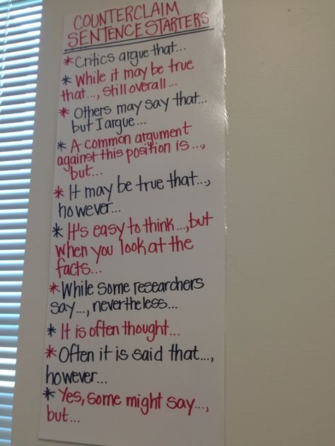 Counterclaim sentence starters; use an AAAWWUBBIS in the persuasive to keep it simple for ELL's or anyone, for that matter... Argument Writing, Easy Essay, Literary Essay, 5th Grade Writing, Third Grade Writing, Body Paragraphs, Argumentative Writing, Classroom Anchor Charts, Ela Writing