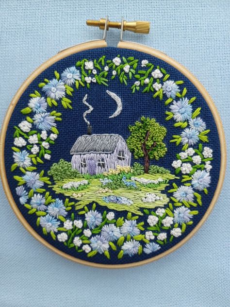 Goth Embroidery, Embroidered Cottage, Embroidery Workshop, Garden Embroidery, Embroidery Wall Art, Crewel Embroidery Kits, Hand Embroidery Patterns Flowers, Framed Embroidery, Handmade Embroidery Designs