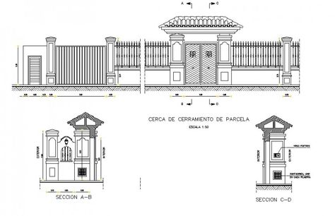 Entrance gate and compound wall detail 2d view elevation and section autocad file Compound Wall Designs, Boundry Wall, Wooden Temple For Home, Fence Wall Design, Wall Detail, Compound Wall Design, Wooden Temple, Compound Wall, Entrance Gate