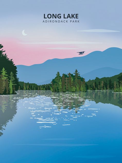 New York Prints, Wpa Posters, Adirondack Park, Lake Dock, Book Cover Design Inspiration, Mountain Illustration, Long Lake, Cabin Art, Lake Painting