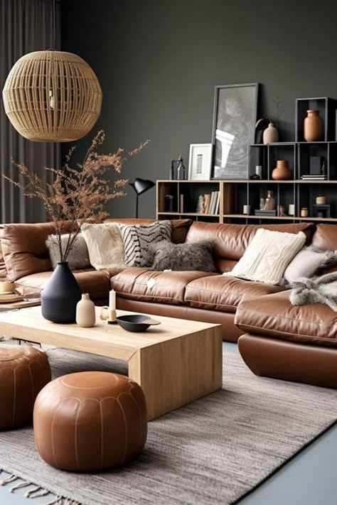 Dark Walls Living Room Paint Colours, Boho Living Room Apartment, Brown Leather Couch Living Room, Leather Couches Living Room, Brown Couch Living Room, Living Room Wall Color, Classy Living Room, Leather Sofa Living Room, Living Room Design Inspiration