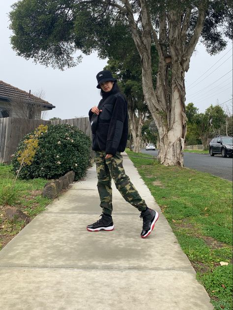 Nike Air Jordan 11 2019 Bred Stussy camouflage cargo pants Uniqlo x Engineered Garments fleece Mens section Herschel hip pack Jordan 11 Bred Outfit Men, Bred 11 Outfit, Jordan 11 Bred Outfit, Black Jordan 11, Herschel Hip Pack, Bred Outfits, Jordan 11 Outfit, Styling Jordans, Jordan 11 Bred