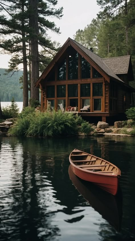 Discover exquisite lake house ideas for a small, cozy, and aesthetic summer retreat. Explore decorating ideas, luxurious mountain decor, exterior inspiration, and open floor living room plans. Elevate your lakeside getaway with aesthetic summertime aesthetics. Luxurious Lake House, House By The Lake Aesthetic, Cabin Next To Lake, Houses By Lakes, Small Cabin Aesthetic, Cottage On Farm, Lake House In The Mountains, Lake Mountain House, House With Lake