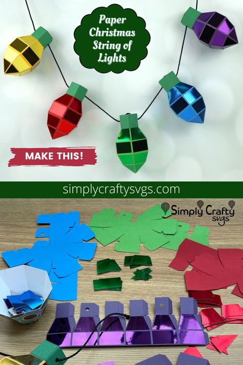 Make a string of Christmas lights with a Cricut or Silhouette. DIY Christmas Lights Papercraft project. Paper Christmas Lights Diy, Christmas Light Bulb Drawing, Paper Christmas Lights Garland, Christmas Lights Craft, Paper Christmas Lights, Light Bulb Template, Christmas Light Svg, Christmas Papercrafts, Christmas Lights Garland