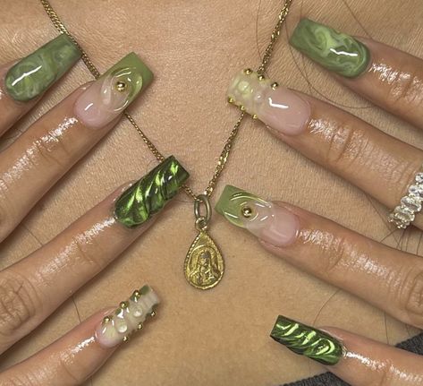 Jade Nails, Green Acrylic Nails, Hippie Nails, Unique Acrylic Nails, Bling Acrylic Nails, Hot Nails, Square Acrylic Nails, Christmas Nail Designs, Christmas Nail