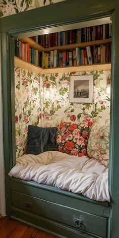 Reading Book In Closet, Reading Nook For Two, Closet Reading Nook Diy, Closet Converted To Reading Nook, Cozy Reading Corners Bedroom, Day Bed Reading Nook, Corner Library Nook, Alcove Reading Nook, Reading Nook Under Loft Bed