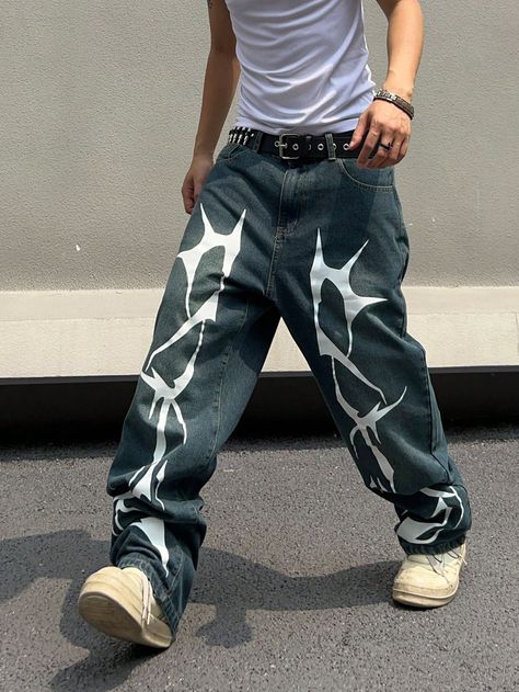 Blue  Collar  Denim Graphic Wide Leg Embellished Non-Stretch  Men Clothing 2000s Mens Fashion Y2k, Men Jeans Design, Streetwear Pants For Men, Graphic Jeans Outfit, Baggy Jeans With Designs On Them, Custom Jeans Men, Mens Embroidered Jeans, Streetwear Denim Pants, Y2k Denim Pants For Streetwear