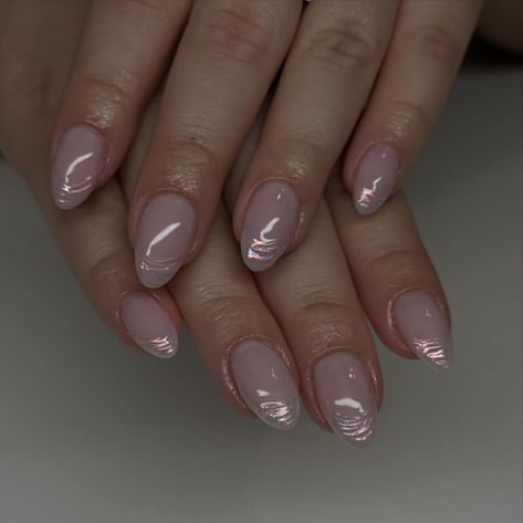 Dainty iridescent tips ✨ • • • • • #chrome #almondnails #Frenchtip Iridescent Dip Nails, Dip Nails, Dipped Nails, Almond Nails, Nail Inspo, Dip, Nails, Quick Saves