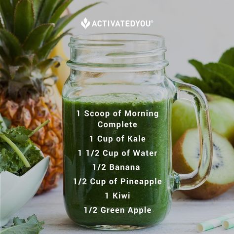 Activated You Morning Complete, Morning Drinks, Cup Of Water, Mason Jar Mug, Green Apple, Food For Thought, Feeling Great, 1 Cup, Kale