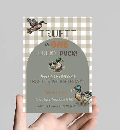 ONE lucky duck 1st birthday party invitation, lucky duck, lucky one, editable, printable, digital One Lucky Duck Birthday Invitation, Duck First Birthday Party Boy, First Birthday Party Boy Themes, One Lucky Duck Birthday Party Mallard, Baby Boy 1 Year Birthday Themes, Mallard Duck Birthday Party, Duck First Birthday Party, Duck Themed 1st Birthday, Lucky Duck Birthday Party