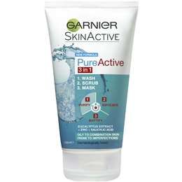 Garnier Pure Active 3 in 1 Wash, Scrub and Mask is a daily cleanser, scrub and mattifying mask to visibly reduce impurities and help prevent their reappearance. Dermatologically tested. Enriched with clay and mineral zinc, Garnier Pure 3 in 1 Wash, Scrub & Mask’s antibacterial formula works as a daily cleanser, scrub and mattifying mask to visibly reduce impurities and help prevent their reappearance. As a wash: It deeply cleanses to remove excess oil and purify skin. As a scrub: It exfoliates d Garnier Pure Active, Garnier Skinactive, Cleansing Mask, Garnier Skin Active, Unclog Pores, Anti Acne, Facial Wash, Combination Skin, Propylene Glycol