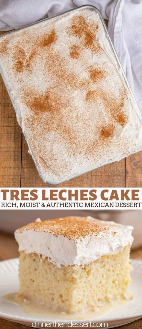 Tres Leches Cake is an authentic Mexican cake soaked in three kinds of milk, topped with whipped cream and cinnamon. The ultimate indulgent dessert recipe! #cake #dessert #mexicanrecipes #baking #tresleches #treslechescake #dinnerthendessert Laughing Spatula Recipes, Les Tres Cake, Desserts That Go With Chili, Tres Leches Cake Recipe Authentic, Authentic Mexican Desserts, Leche Cake, Mexican Cake, Southwest Recipes, Tres Leches Cake Recipe