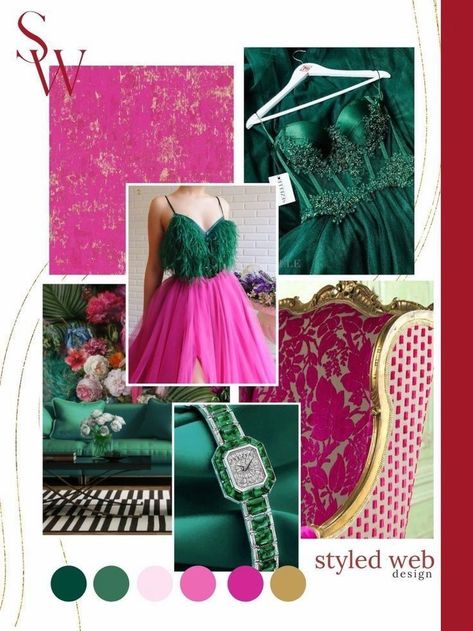 These rich colors - Emerald green, Fuchsia, Hot pink & Beige are perfect combo for a luxury brand. Save this Fuchsia color palette scheme for later | Fuchsia color combination | Pink color palette schemes | Mood Board Inspiration for women | Branding Inspiration | Brand board Ideas | Fuchsia, Magenta, Green, Yellow & Blue | Vibrant colors | Web Design Color Palette Schemes Emerald Green And Pink Dress, Colors That Go With Hot Pink, Fuschia Color Palette, Pmu Branding, Fuchsia Color Palette, Emerald Color Palette, Hot Pink Color Palette, Women Branding, Magenta And Green