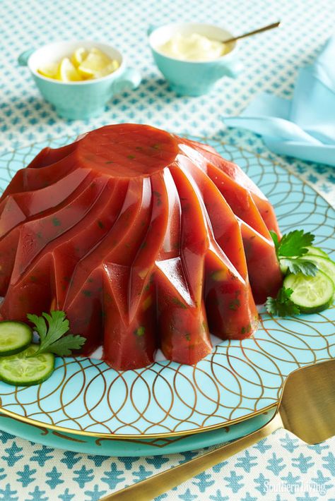 Cucumber-Tomato Aspic | 7 Vintage Jello Recipes That Are Surprisingly Delicious Aspic Recipe, Jello Mold Recipes, Congealed Salad, Vintage Jello, Gelatin Recipes, Jello Salad, Jello Recipes, Vintage Cooking, Brunch Menu