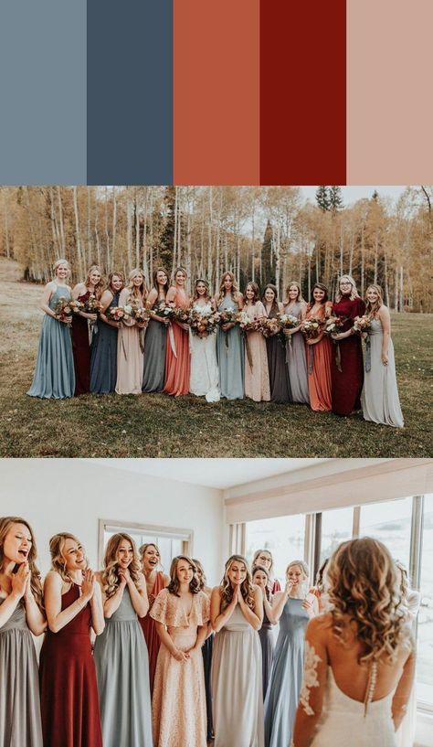 From blue to red this bride gang totally nailed complementary colors game | Image by Karra Leigh Photography #bridesmaidsdresses #mismatchedbridesmaidsdress Bridesmaid Dresses Color Palette, Different Bridesmaid Dresses, Fall Bridesmaids, Fall Bridesmaid Dresses, Mismatched Bridesmaids, Mismatched Bridesmaid Dresses, Weddings By Color, Bridesmaid Dress Colors, Fall Wedding Colors