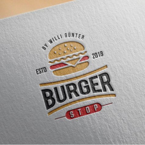 BURGER stop in Logo Design by Lee Design Burger Shop Logo Design, Smash Burger Logo Design, Burger Restaurant Logo Design, Burger Logo Design Ideas, Burger Logo Design Creative, Burger Logo Ideas, Burger Shop Logo, Burger Branding Design, Burger Logo Design