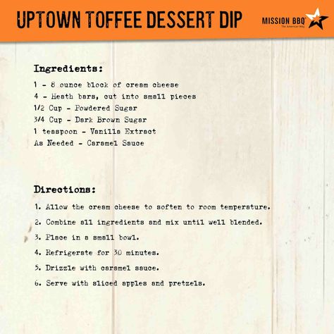 Toffee Dessert, Mission Bbq, Dessert Dip, Heath Bars, Marinade Sauce, Dessert Dips, Smoker Recipes, Recipe Card, Apple Slices