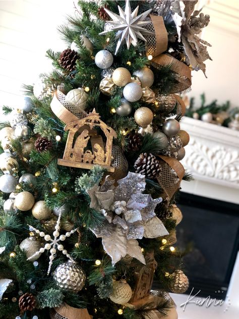 Looking for a traditional yet Glam Christmas Tree design? Check out this Christmas Tree! Faith Based Christmas Tree, Nativity Theme Christmas Tree, Nativity Scene Christmas Tree, Nativity Christmas Tree Ideas, Jesus Christmas Tree Decorating Ideas, Hobby Lobby Christmas Tree Decor, Christ Themed Christmas Tree, Christian Themed Christmas Tree, Christ Christmas Tree