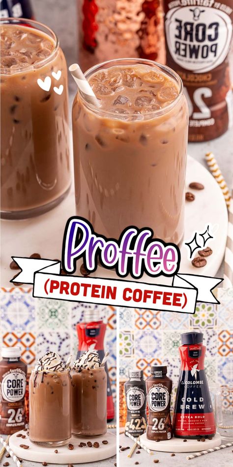 Protein Coffee, aka Proffee, is the latest pick-me-up trend that has both tired moms and health enthusiasts raving! Mix your favorite protein drink with cold brew coffee for an easy caffeinated beverage that will carry you through the day and satisfy that sweet tooth! Premier Protein Cold Brew Coffee, Cold Brew And Protein Shake, Chocolate Protein Iced Coffee, Cold Brew Coffee Protein Shake, Cold Brew Protein Smoothie, Protein Drinks With Coffee, Javy Coffee With Premier Protein, Protein Drink With Coffee, Fairlife Coffee Recipes