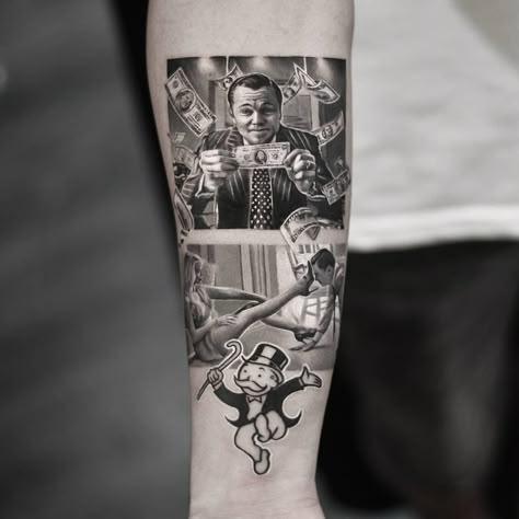 Godfather Tattoo, Scene Tattoo, Street Tattoo, Movie Tattoo, Movie Tattoos, Tattoo Graphic, Leg Tattoo Men, Wolf Of Wall Street, Realism Tattoo